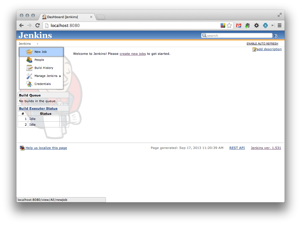 Jobs are created by selecting Jenkins New Job from the menu in the upper right hand corner