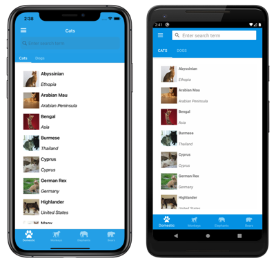 iOS ve Android'de Kabuk alt sekmelerinin ekran görüntüsü