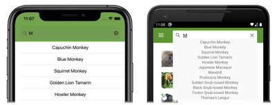 iOS ve Android'de bir Shell SearchHandler'daki arama sonuçlarının ekran görüntüsü ve kısmi M dizesinin sonuçları.