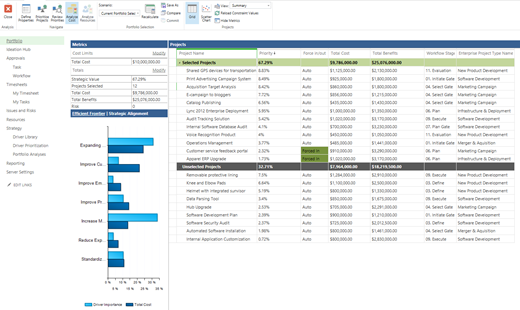 Sample portfolio analysis in the Project Web Application.