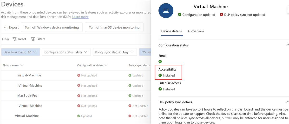 Screenshot of Microsoft Purview device details showing Accessibility with an Installed status.