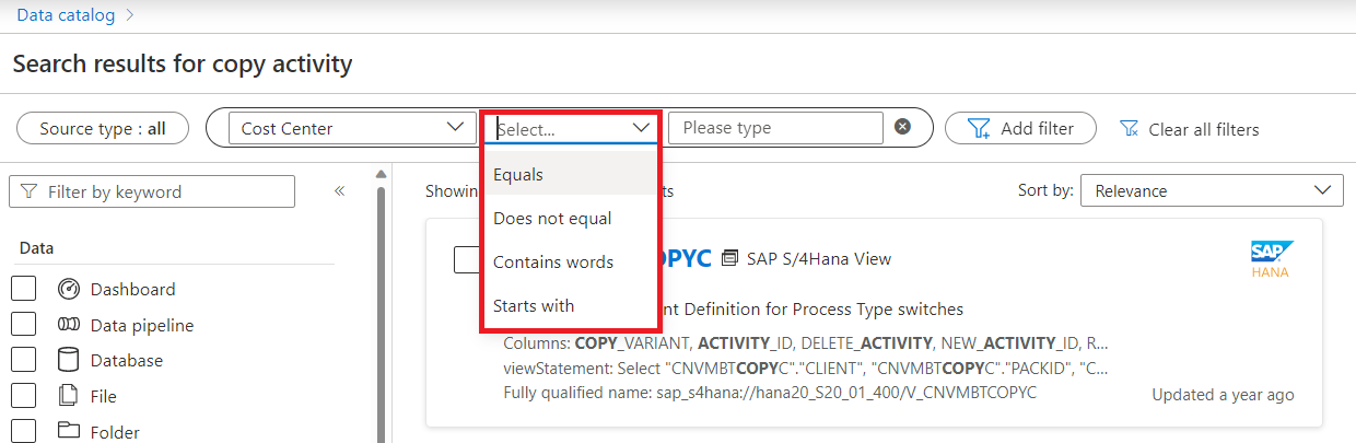 Screenshot showing the filter operator dropdown with the available operators highlighted.