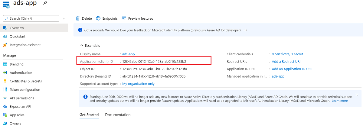 Screenshot how to create a service principal with the client ID highlighted.