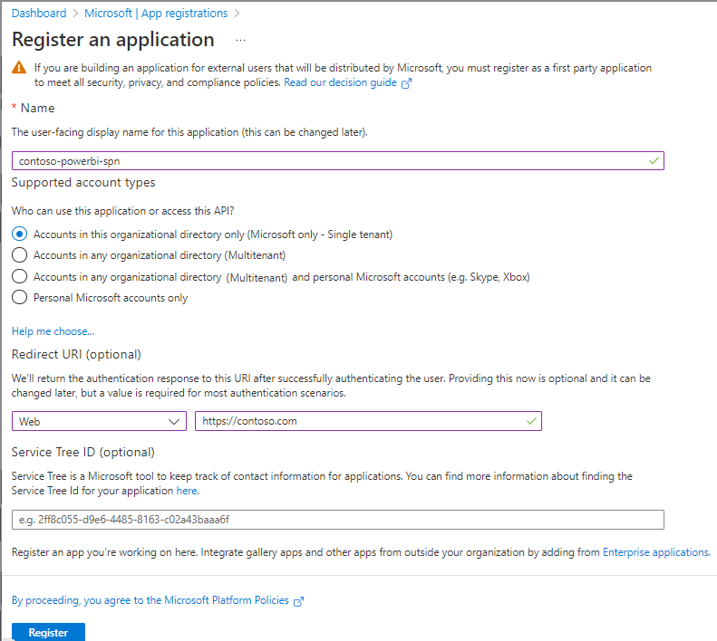 Screenshot how to create App in Microsoft Entra ID.