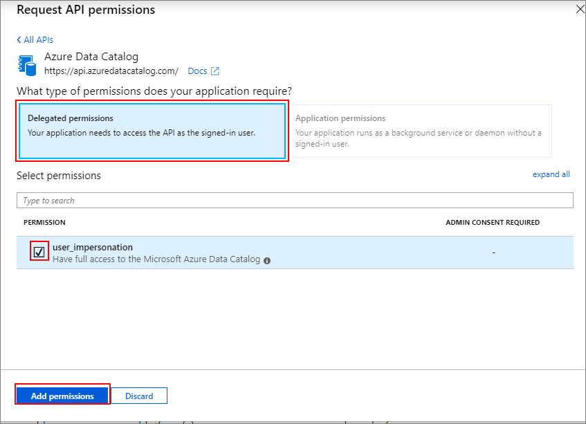Azure portal Temsilci izinleri'ni seçin