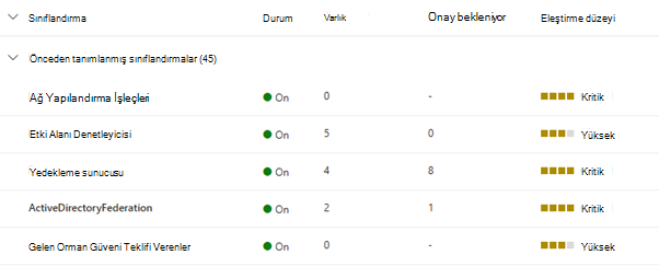 Varlık yönetimi arabiriminde önceden tanımlanmış sınıflandırmaların ekran görüntüsü.