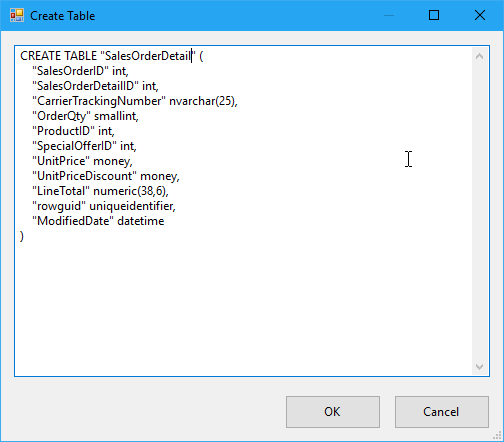 Tablo Oluştur iletişim kutusunun ekran görüntüsü. S Q L kodu SalesOrderDetail adlı bir tablo oluşturmak için görünür.