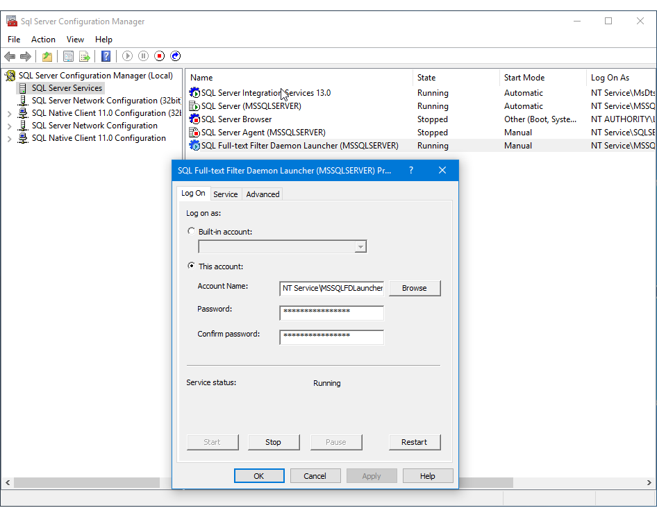 SQL Full-text Filter Daemon Launch process properties