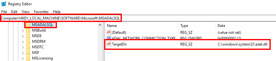 adal.dllkayıt defteri anahtarının ekran görüntüsü.