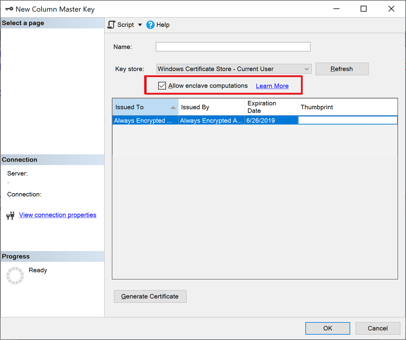 Screenshot of the allow enclave computations selection in SSMS when creating a new column master key.