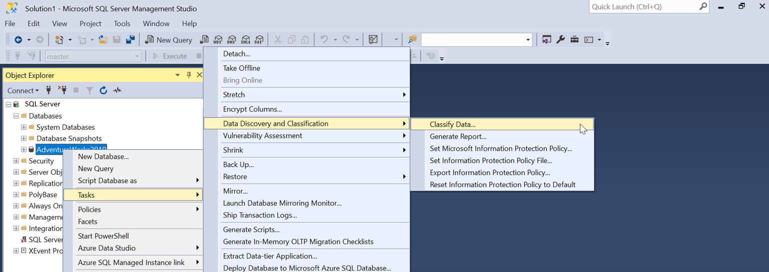 Screenshot showing the S S M S Object Explorer with Tasks > Data Discovery and Classification > Classify Data... selected.