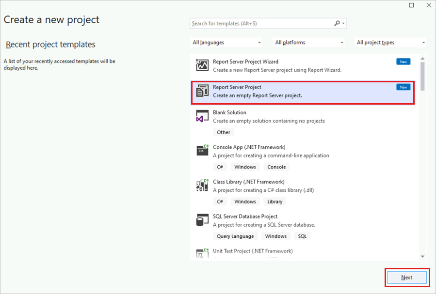 Screenshot of the New Project dialog box showing Reporting Services selected and the Report Server Project template highlighted.