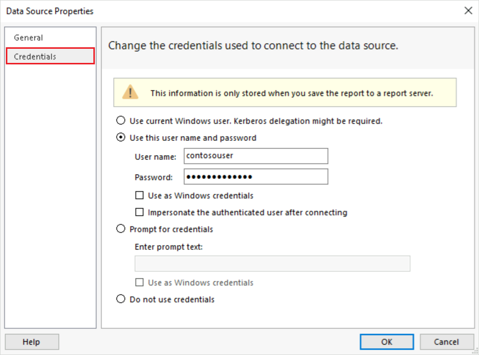 Screenshot that shows how to configure Credentials options on the Data Source Properties dialog.