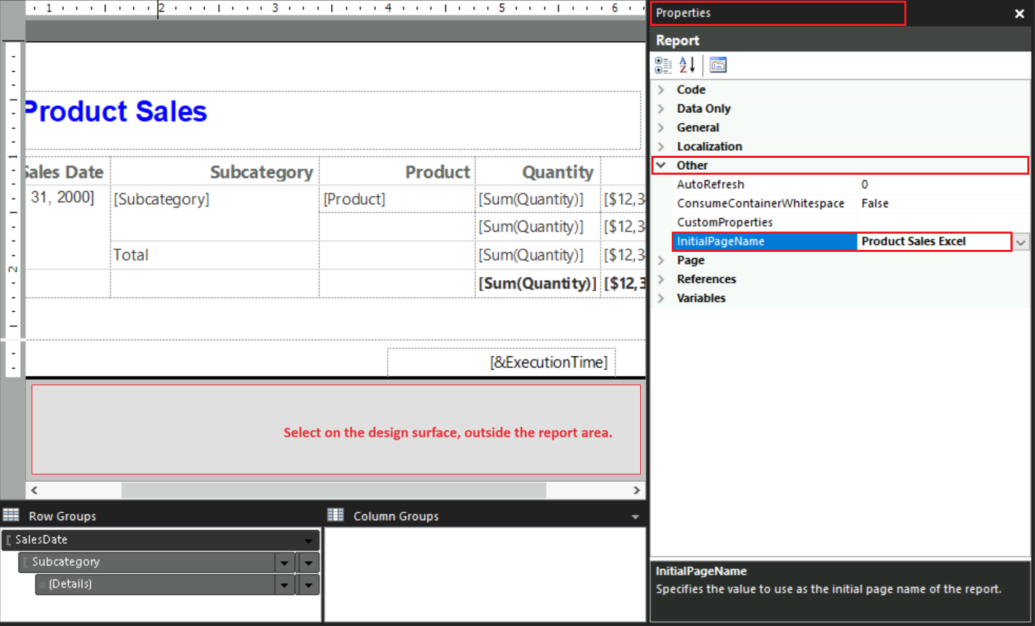 Screenshot that shows how to set the Initial Page Name for the table report in the Properties pane.
