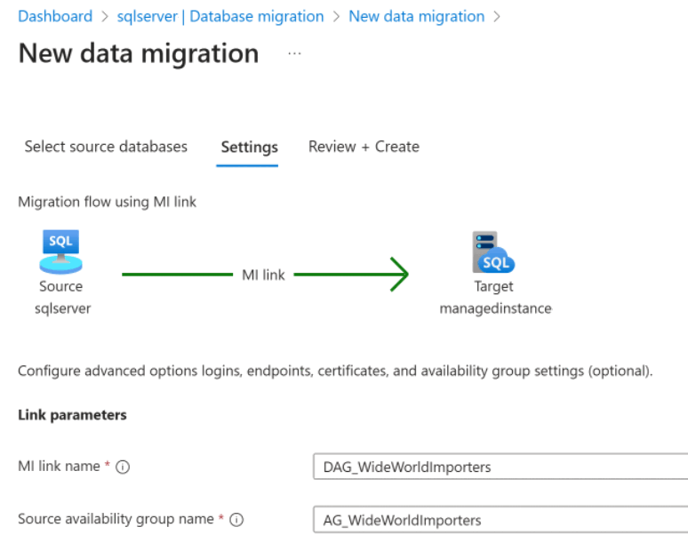 Azure portalında yeni bir veri geçişinin ayarlar sayfasındaki bağlantı parametrelerinin ekran görüntüsü.