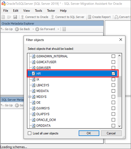 Yüklenecek şemaları seçmek için 'Nesneleri filtrele' bölmesinin ekran görüntüsü.