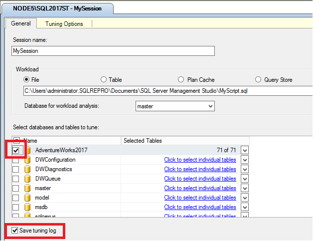 Veritabanı için DTA seçeneklerinin ekran görüntüsü.