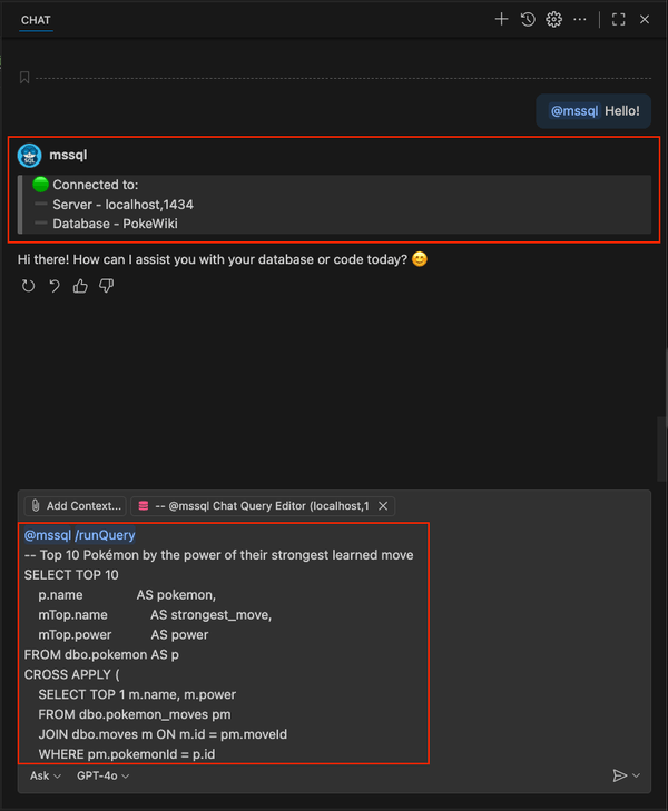 En güçlü Pokémon için SQL ile /runQuery eğik çizgi komutunu gösteren ekran görüntüsü.