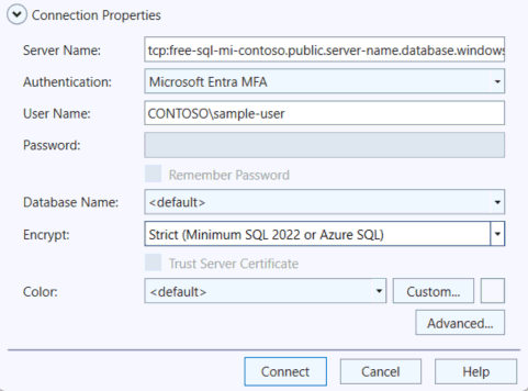 Azure SQL için bağlantı iletişim kutusunun ekran görüntüsü.