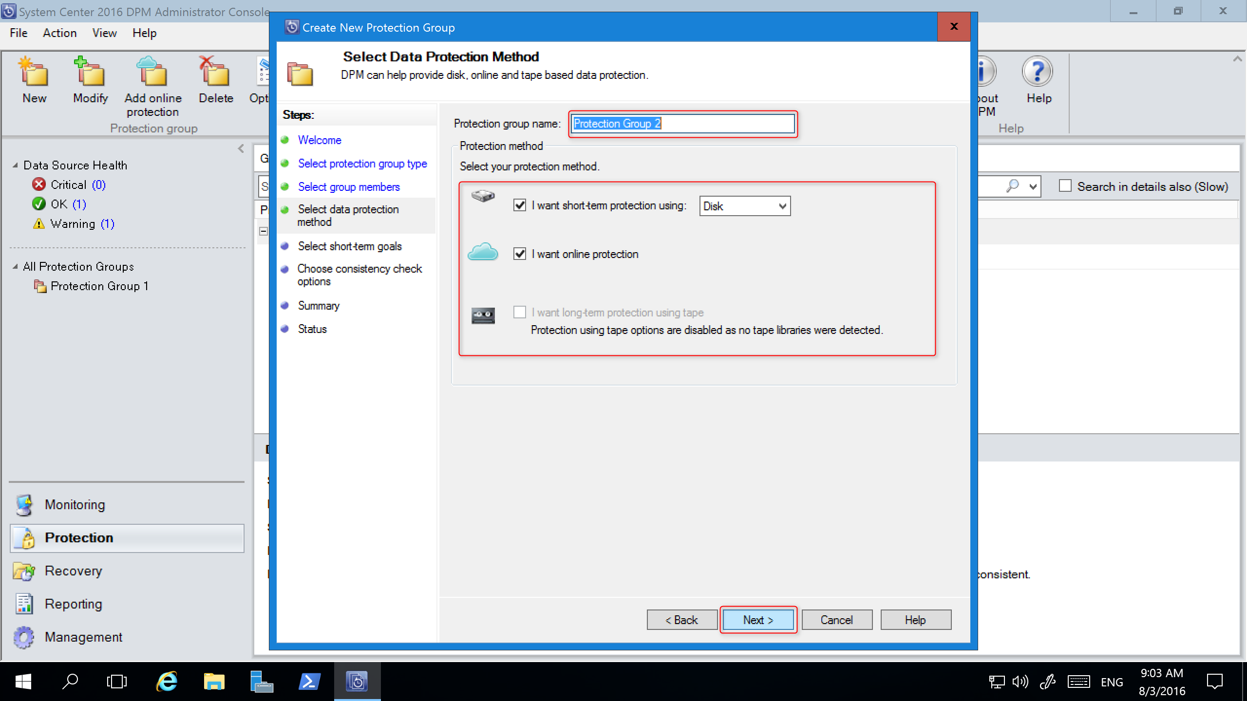 Veri koruma yöntemini seçmeyi gösteren ekran görüntüsü.
