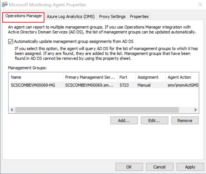 Microsoft Monitoring Agent'ın ekran görüntüsü.