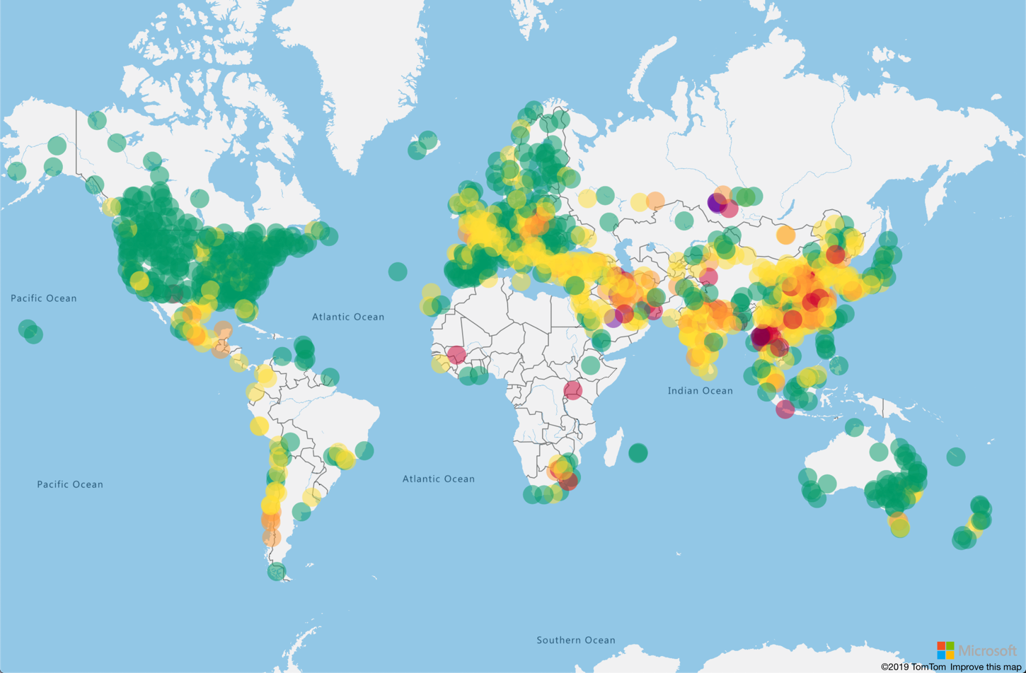 Image of a map of the world that shows pollution data as colored circles.