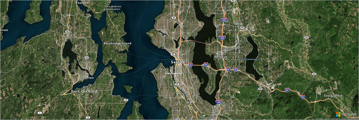Image of a satellite and road map of Seattle.