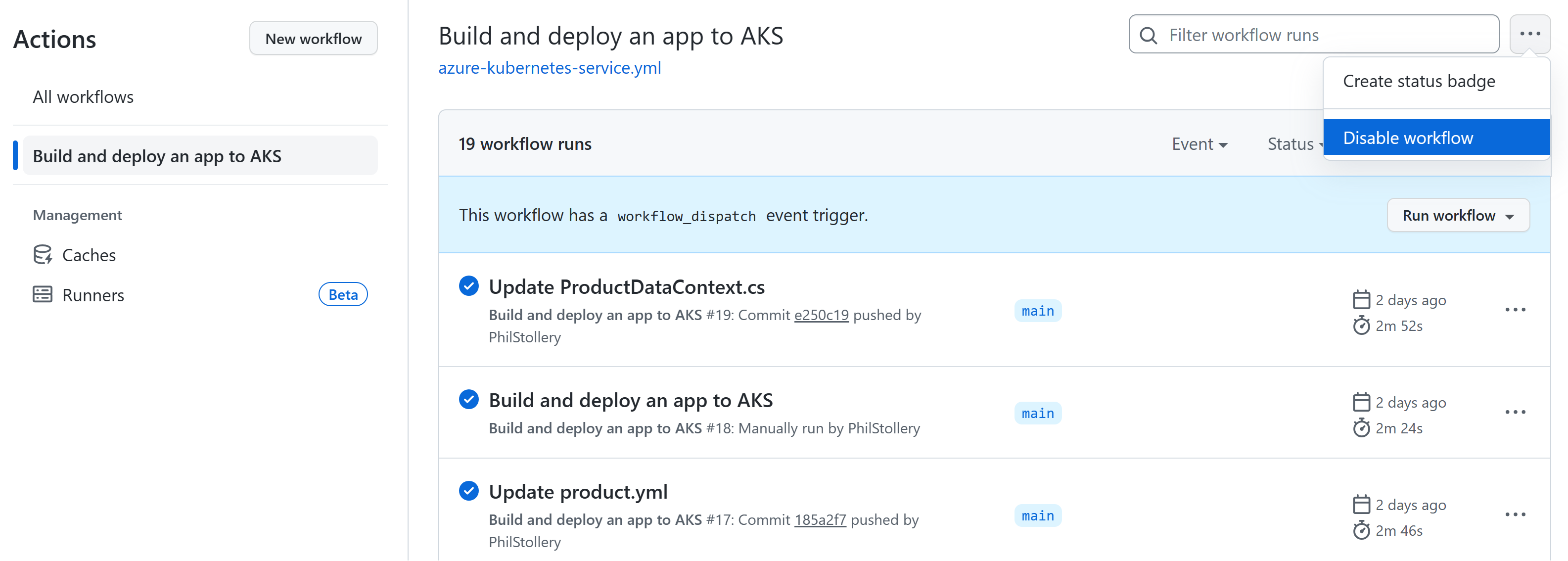 GitHub Action iş akışı için Devre Dışı iş akışı menü seçeneğini gösteren ekran görüntüsü.