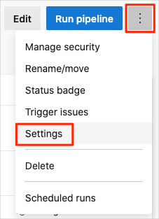 Screenshot of Azure Pipelines showing the location of the Settings menu.