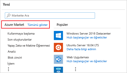 Azure Market içeren Azure portalı yeni kaynak sayfasının ekran görüntüsü.