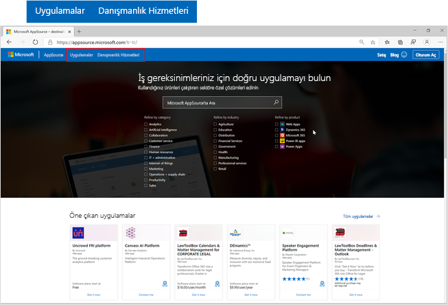 Uygulamalar ve danışmanlık hizmetleri düğmeleri vurgulu Microsoft AppSource giriş sayfasının ekran görüntüsü.