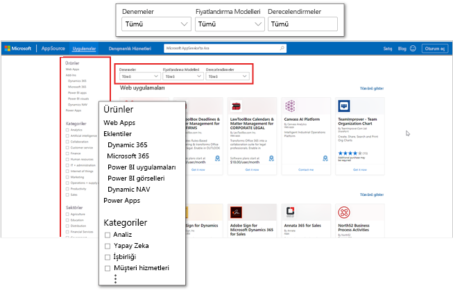 Uygulama kategorilerini ve filtrelerini vurgulayarak Microsoft AppSource uygulamaları giriş sayfasının ekran görüntüsü.