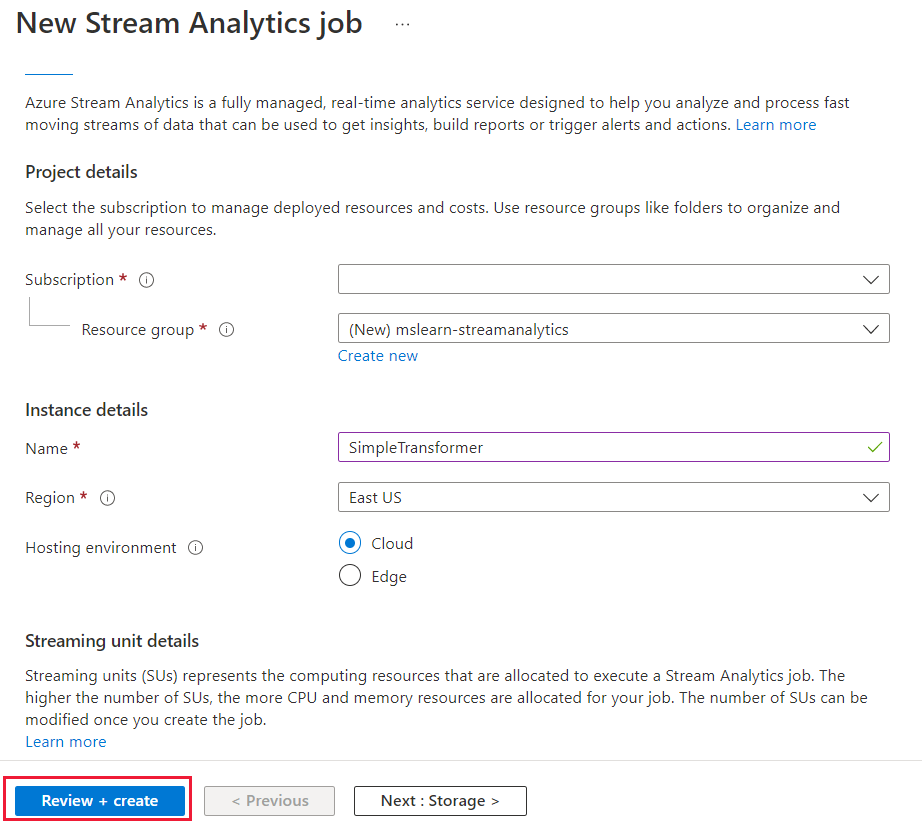 Screenshot that shows the new Stream Analytics job.