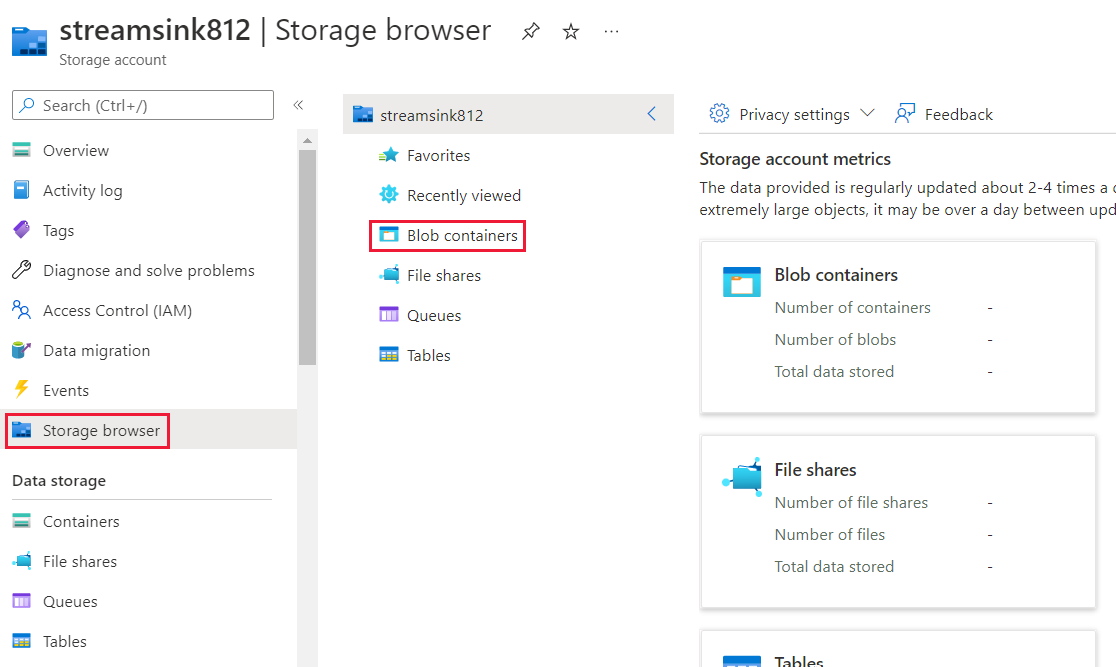 Screenshot that shows the Storage browser in Azure portal.