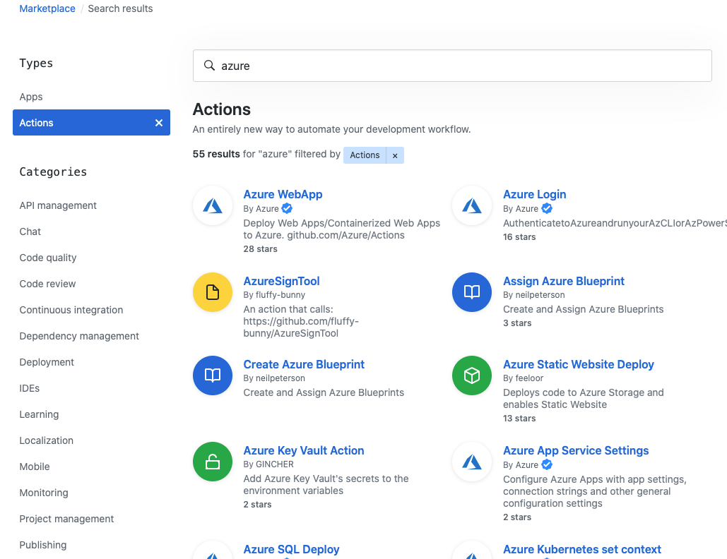 Azure arama sonuçlarını gösteren GitHub Market'in ekran görüntüsü.