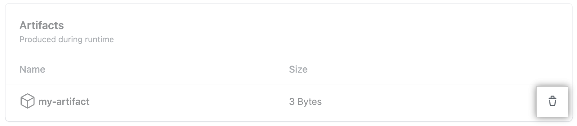 GitHub'da bir yapıtı silmek için çöp kutusu simgesini gösteren ekran görüntüsü.