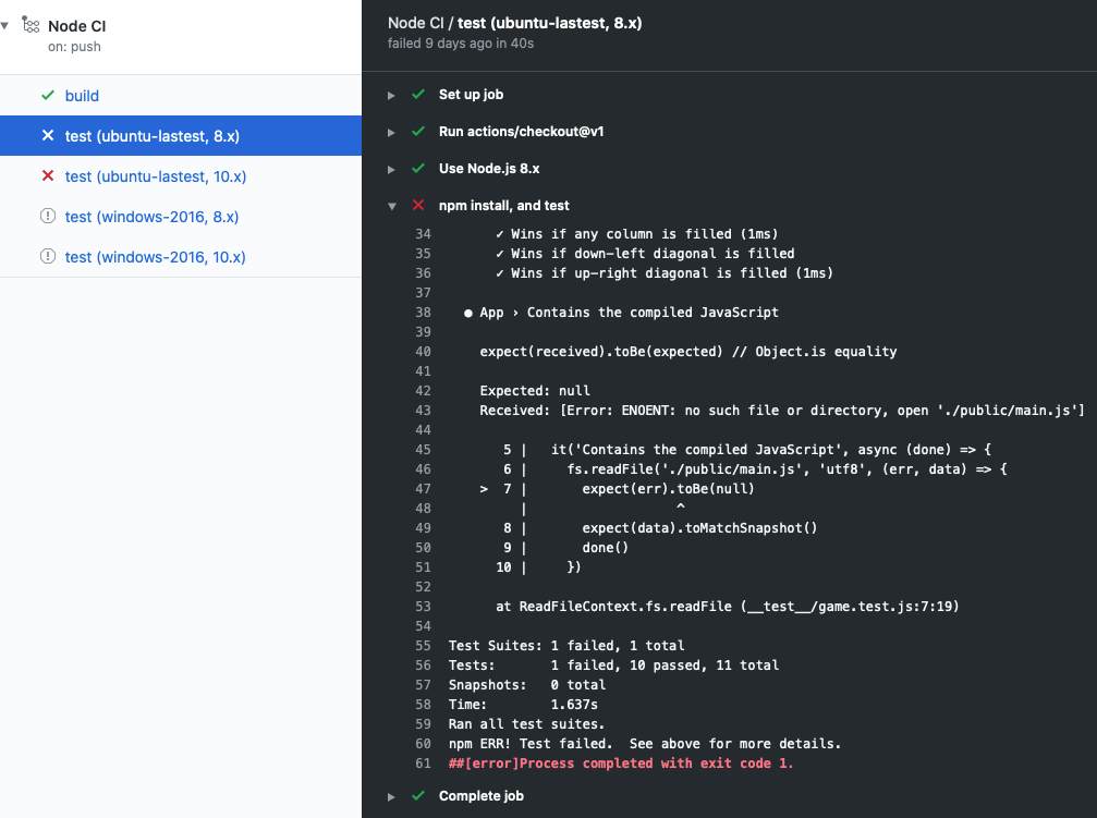 Başarısız bir testle ilgili ayrıntıları içeren GitHub Actions günlüğünün ekran görüntüsü.