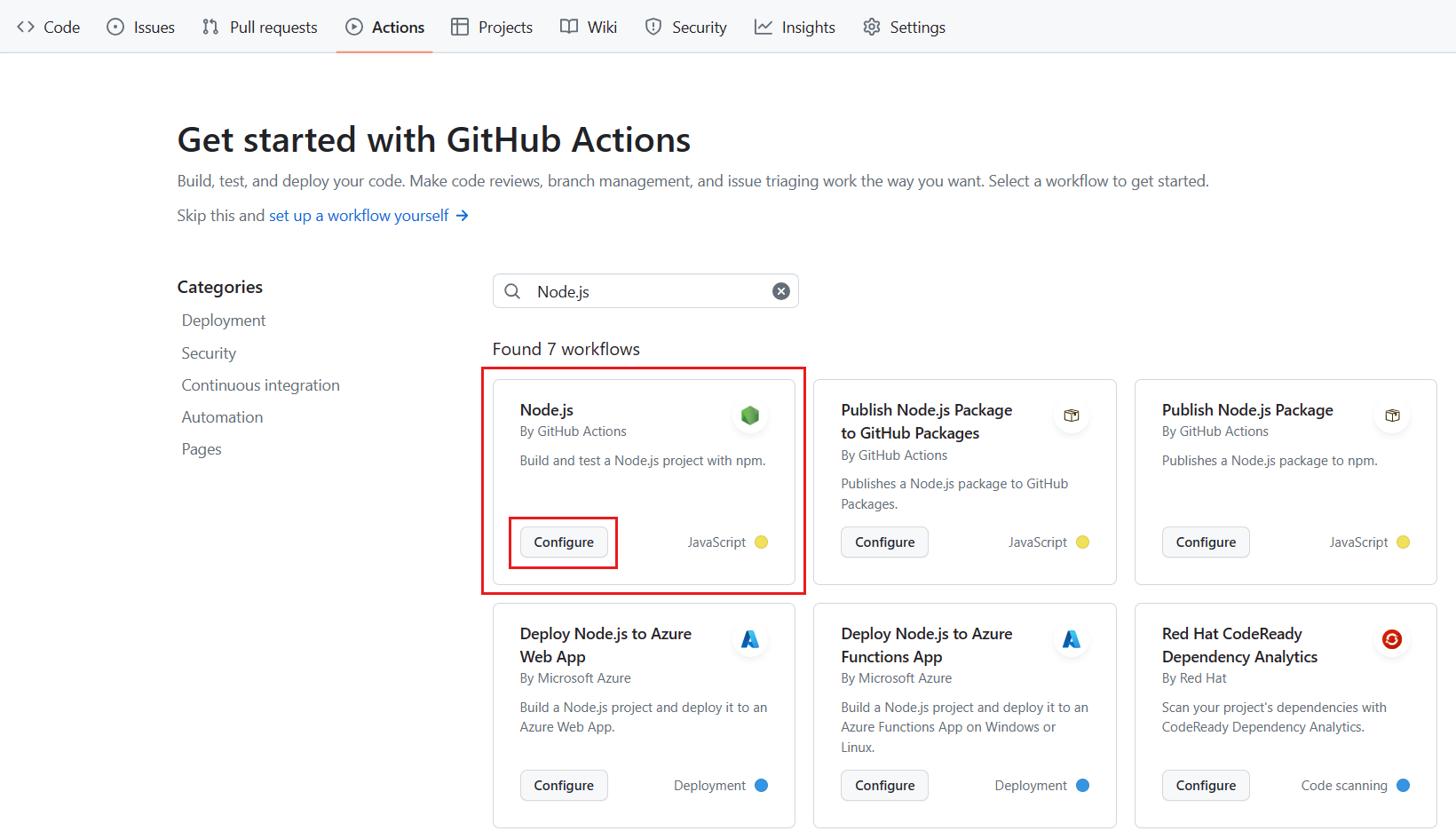 Node.js bölmesinin vurgulandığı ve Yapılandır düğmesinin seçili olduğu GitHub Actions sekmesini gösteren ekran görüntüsü.