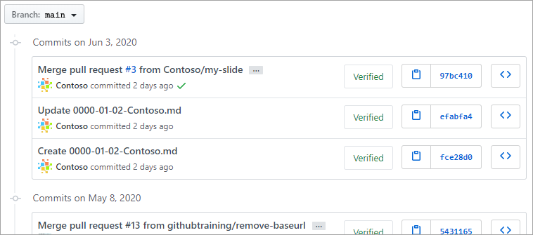 Ana dala yapılmış GitHub commit'ler listesinin ekran görüntüsü.