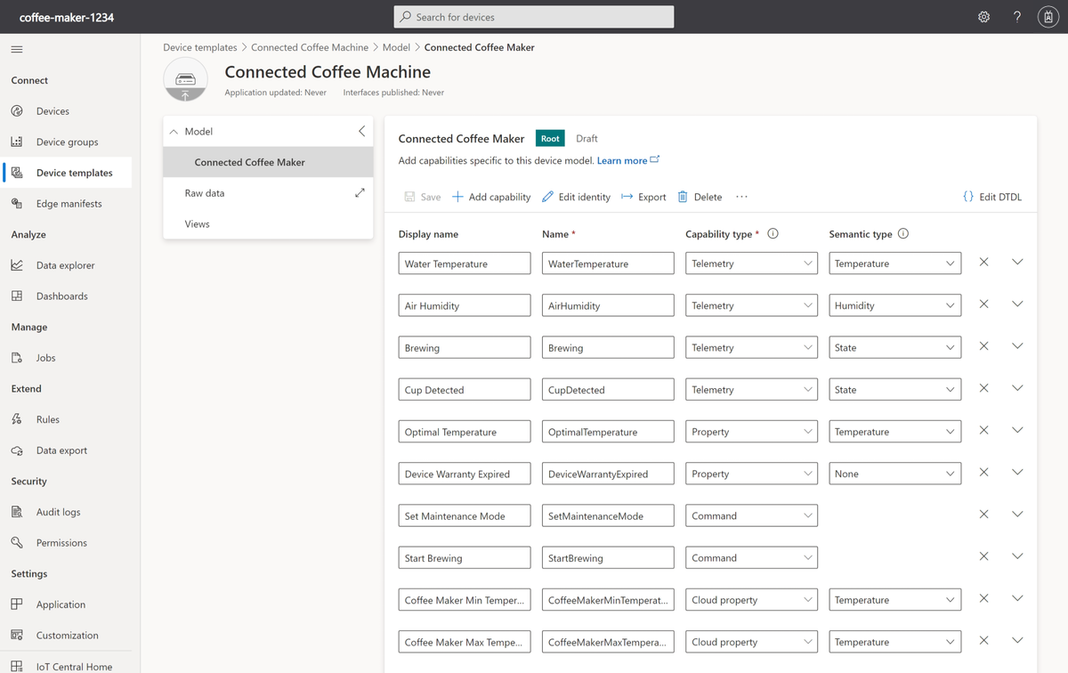 Screenshot that shows Imported Connected Coffee Machine template.