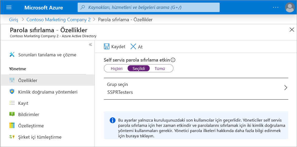 Screenshot of the Password Reset properties panel wwith SSPR enabled and selected group set to SSPRTesters.