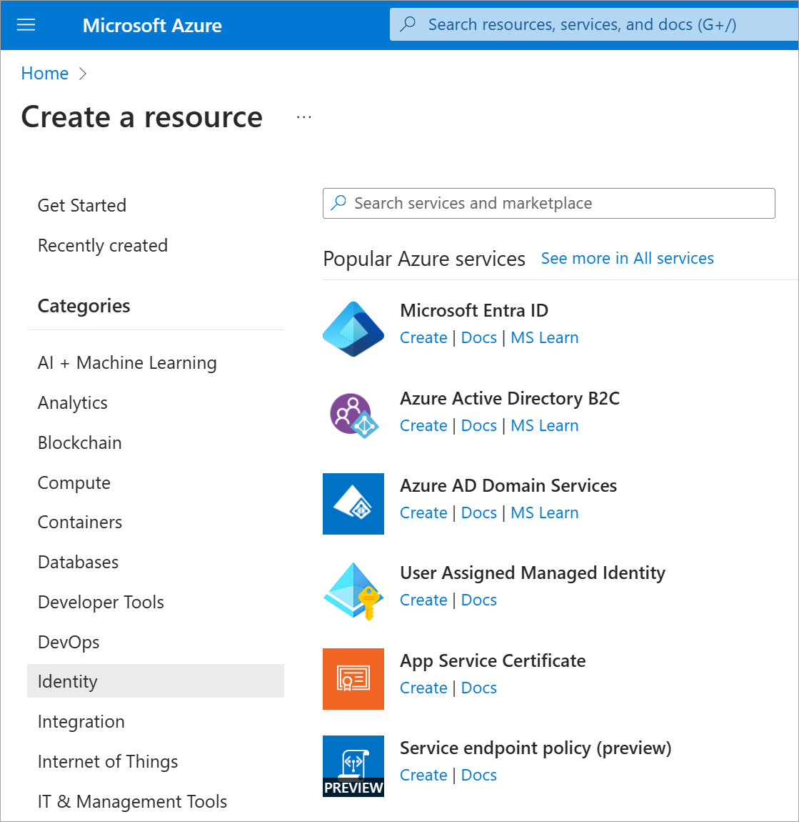 Screenshot that shows Microsoft Entra ID in the Azure Marketplace.