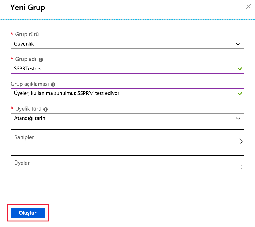 Screenshot that shows new group form filled out and the create button highlighted.