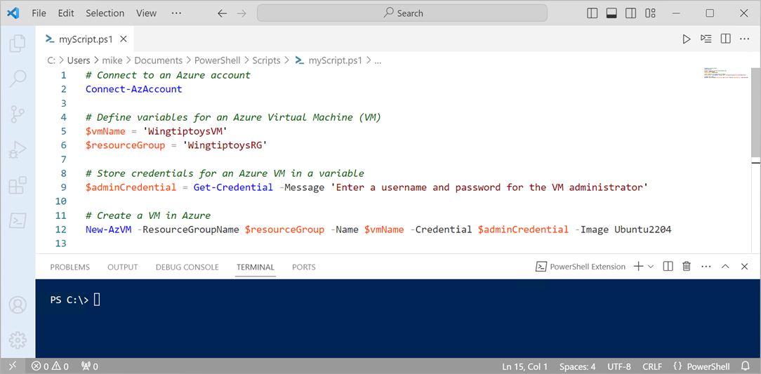 Azure'da sanal makine oluşturmak için PowerShell betiği içeren VS Code'un ekran görüntüsü.