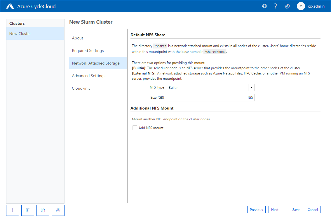 Azure CycleCloud web uygulamasının Yeni Slurm Kümesi sayfasının Network Attached Storage (Ağa Bağlı Depolama) sekmesini gösteren ekran görüntüsü.