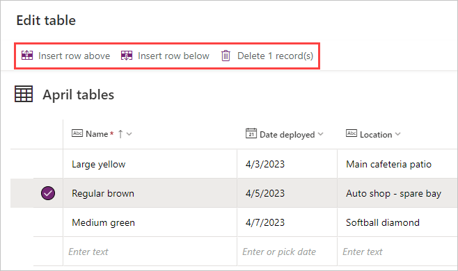 Screenshot of an already entered table row selected, with the new options Insert row above, Insert row below, and Delete record highlighted.