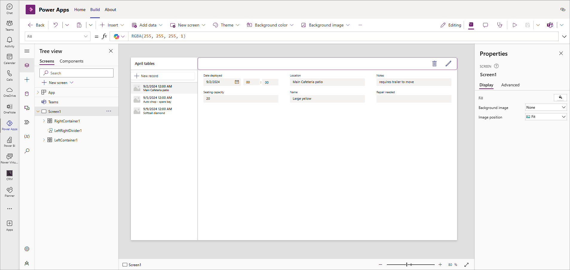 Screenshot showing the table closed.