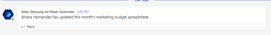 Screenshot of the message in the Teams channel.