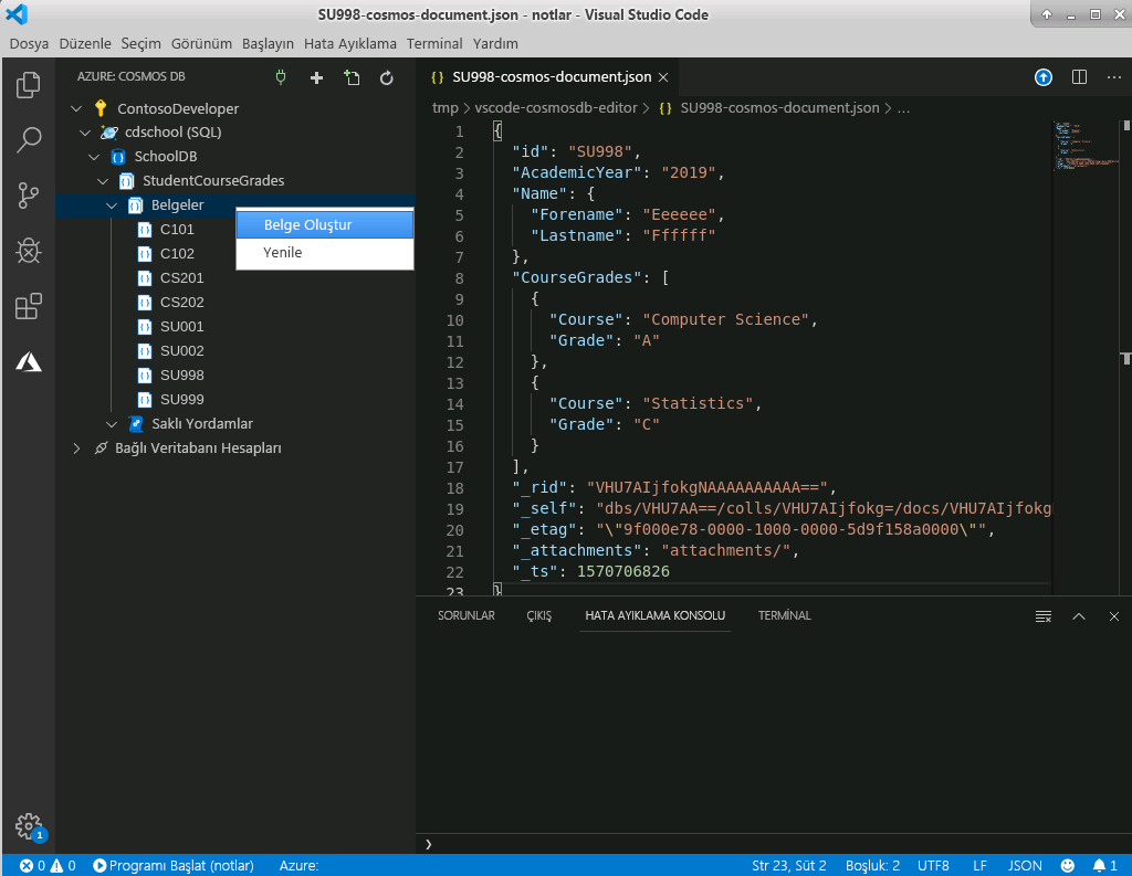 Screenshot of the Azure Databases extension in Visual Studio Code as user right-clicks on the Documents node for a contextual menu to create a new document.