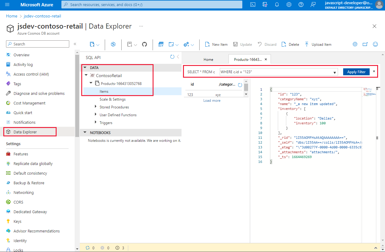 Screenshot of the Azure portal with the Data Explorer showing the query window open with a JSON document displayed.